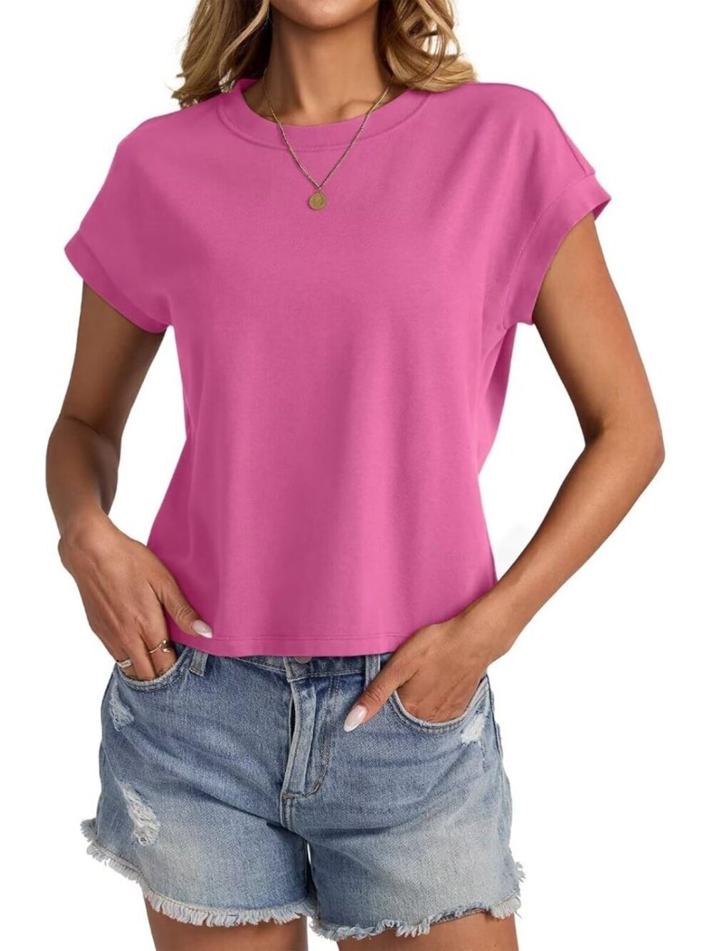 〽️Women's Hot Pink Cap Sleeve Crewneck Loose Fit Casual Summer Pull On Crop Tops